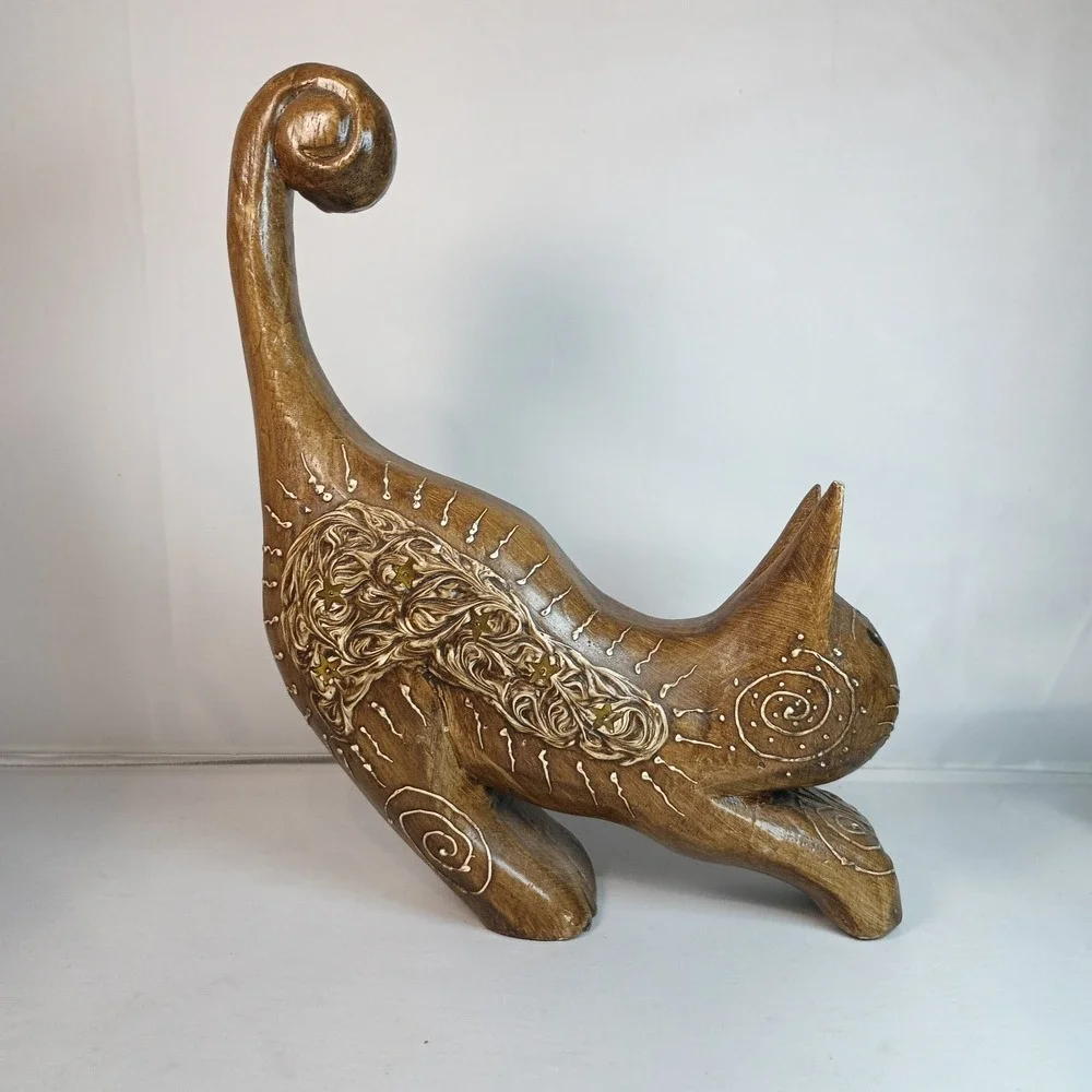 Vintage Hand Carved Wood Stretching Cat Feline From Indonesia 10.5